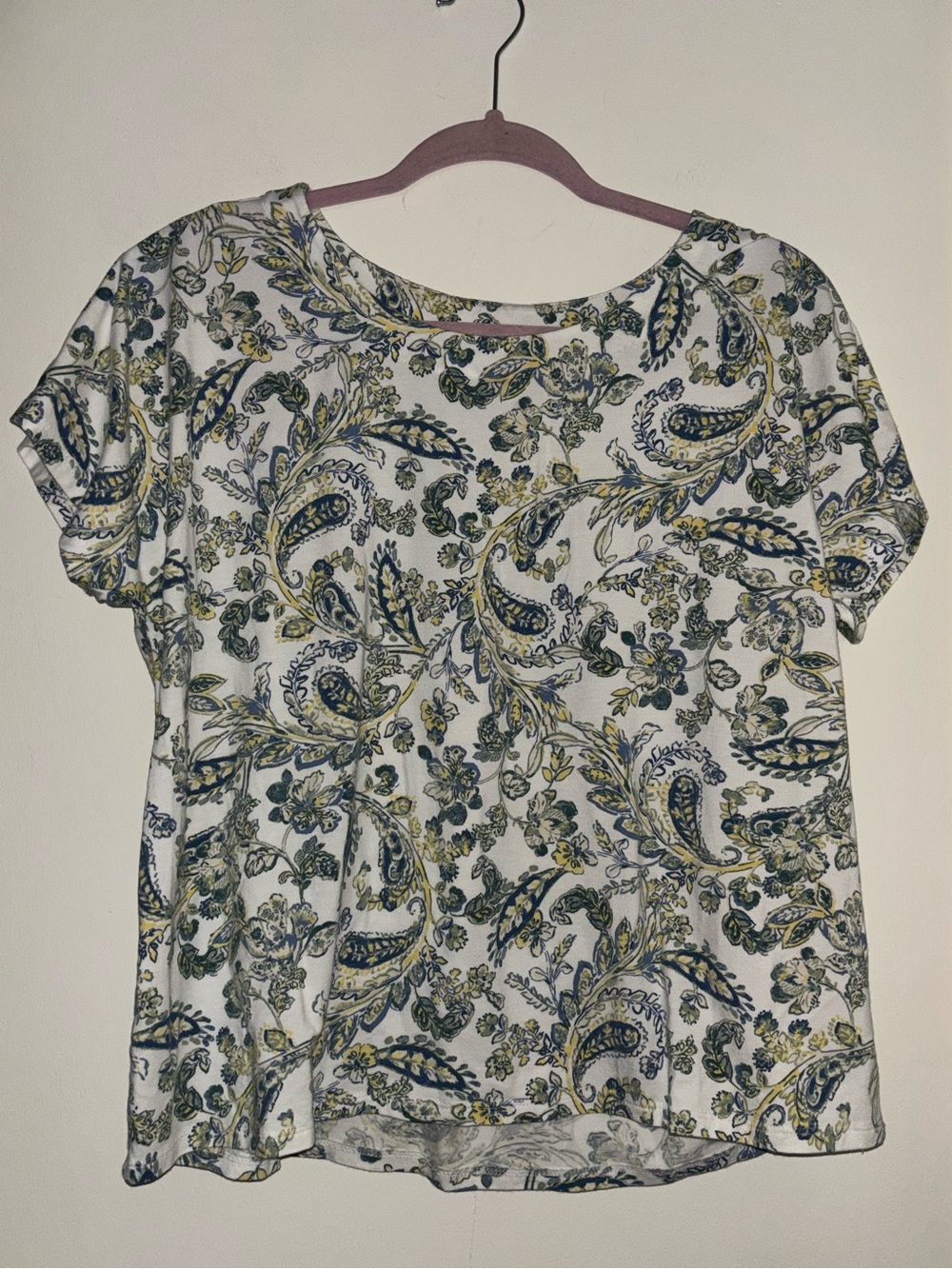 J. Jill White Paisley Floral Short Sleeve Tee with Blue and Green Print